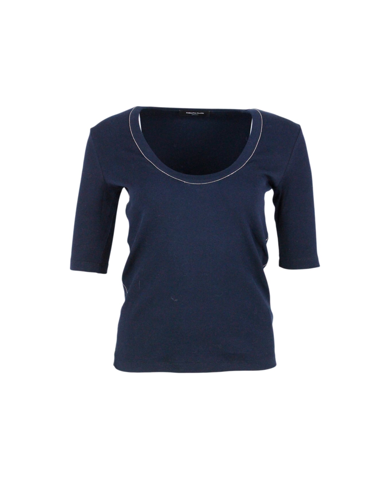 Fabiana Filippi Ribbed Cotton T-shirt With U-neck, Elbow-length Sleeves Embellished With Rows Of Monili On The Neck And Sides - Blue