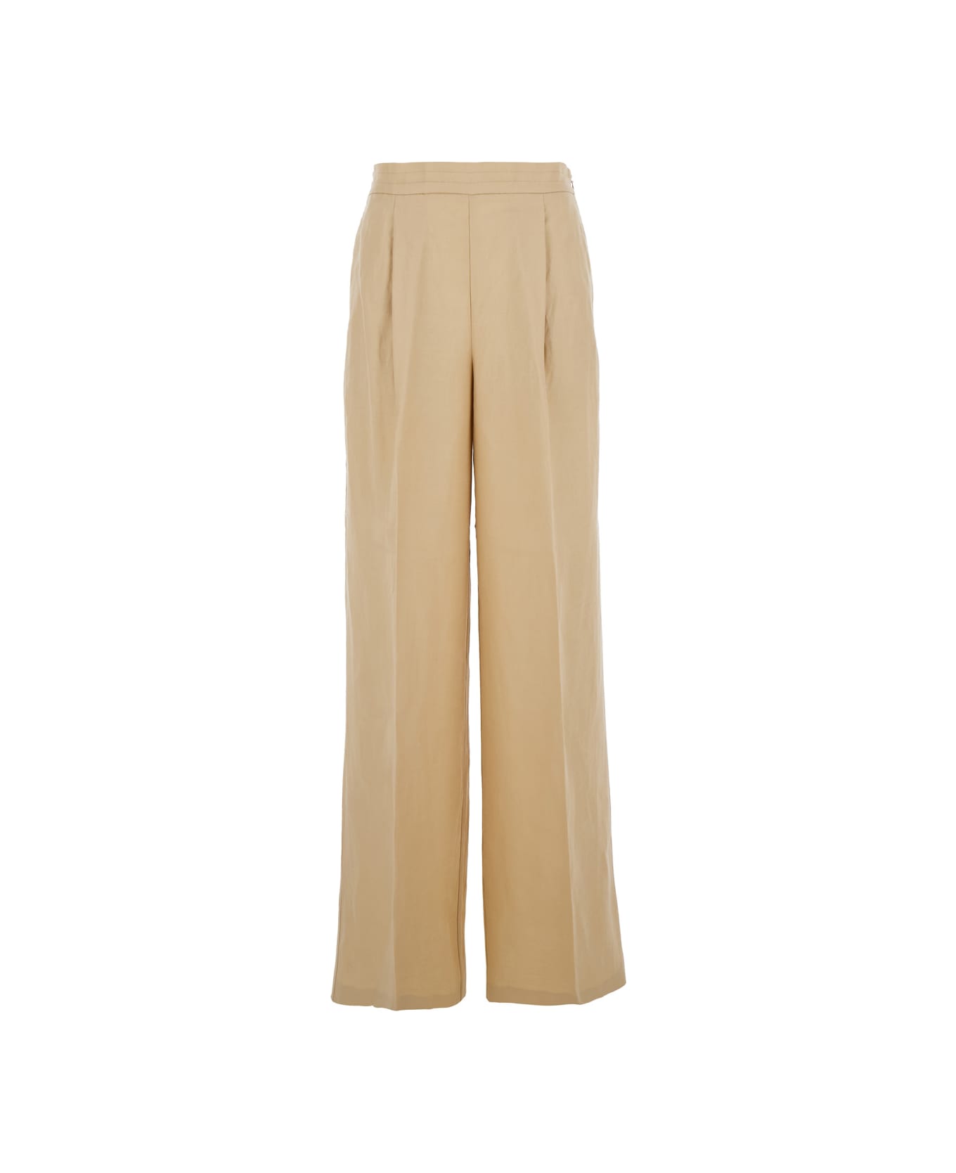TwinSet Beige Palazzo Pants With Elastic Waist And Logo Plaque On The Back In Wool Blend Woman - Beige