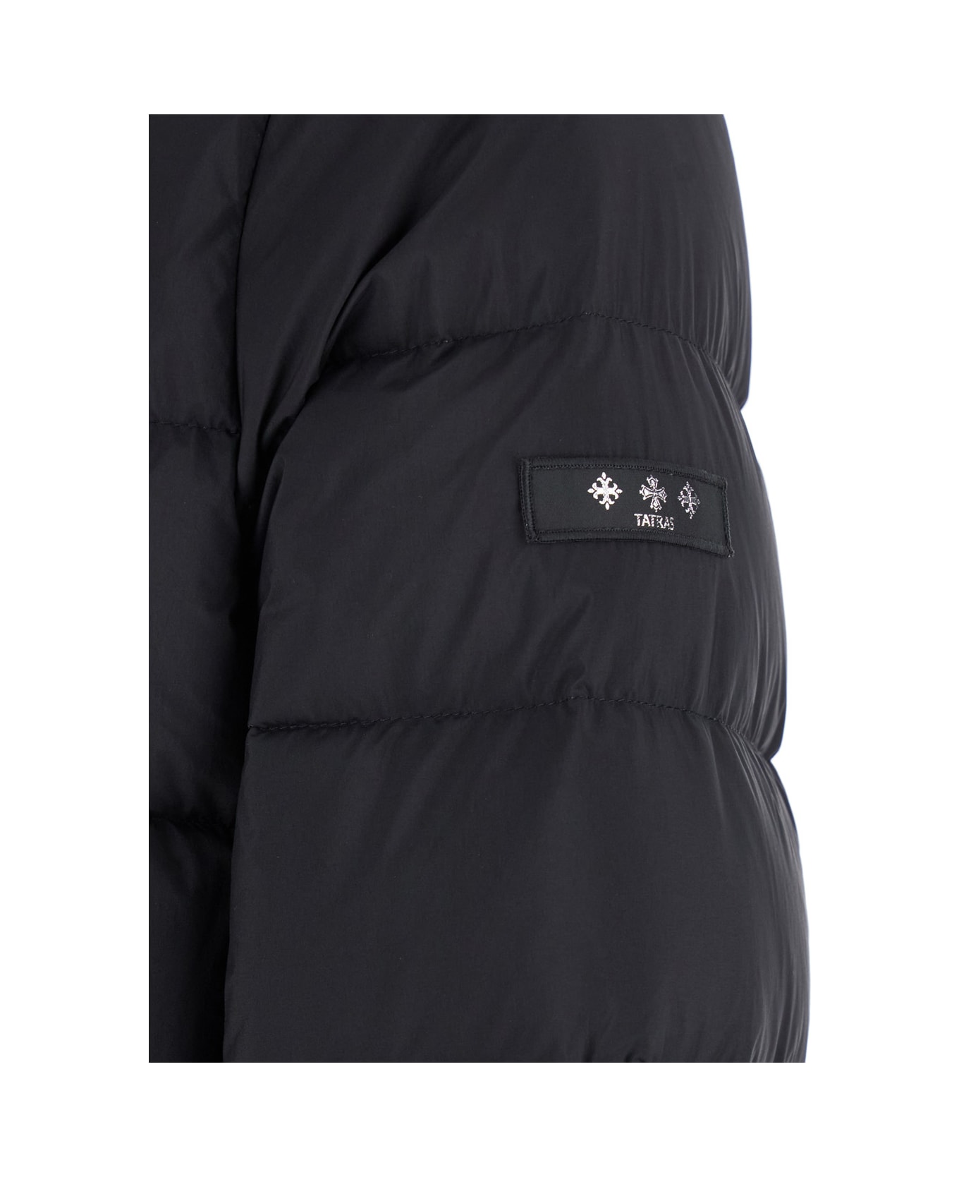 TATRAS 
borbore
 Black Down Jacket With Hood And Logo Patch On The Side In Tech Fabric Man - Black
