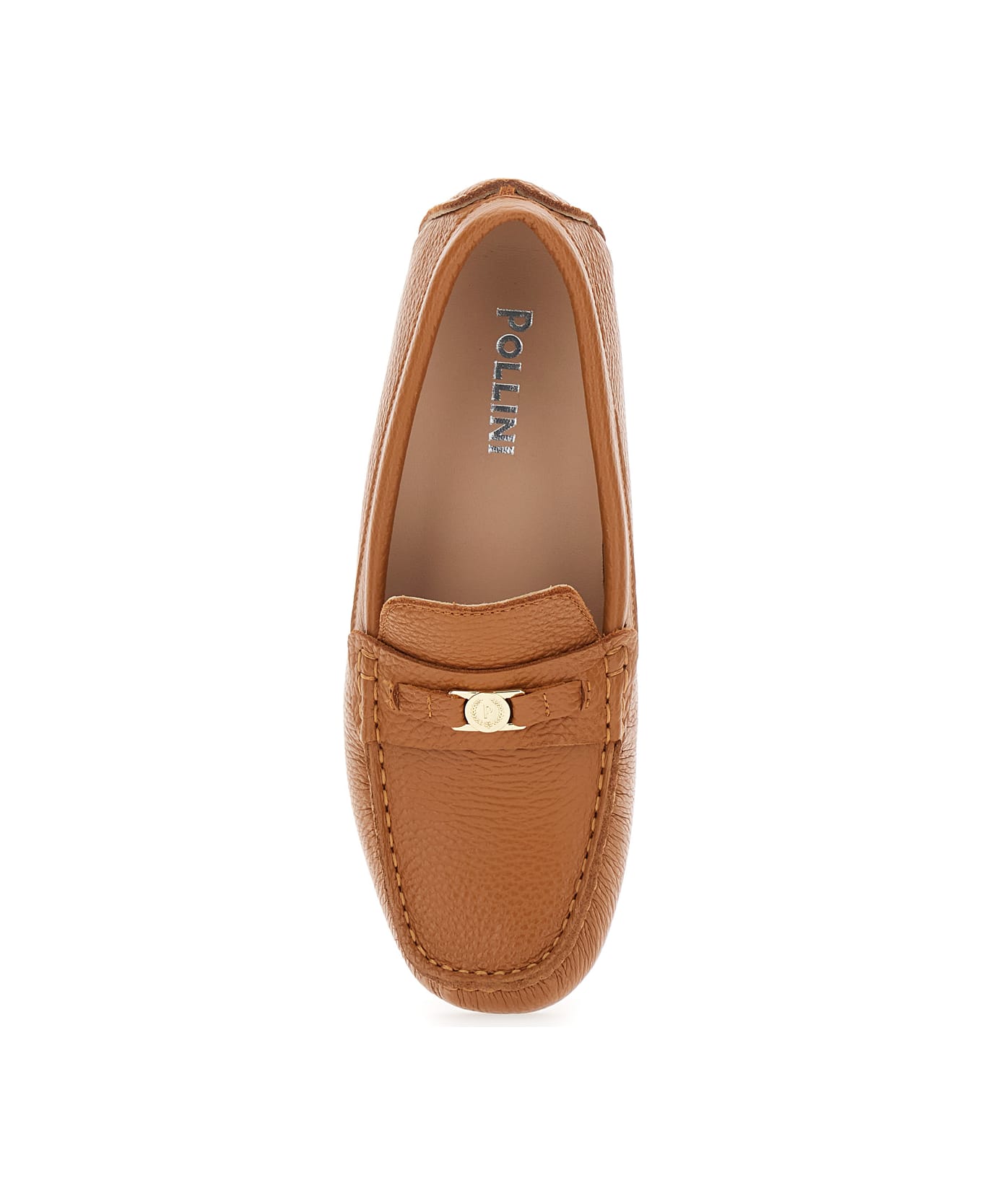 Pollini Brown Loafers With Logo Plaqe On The Front In Grained Leather Woman - Brown