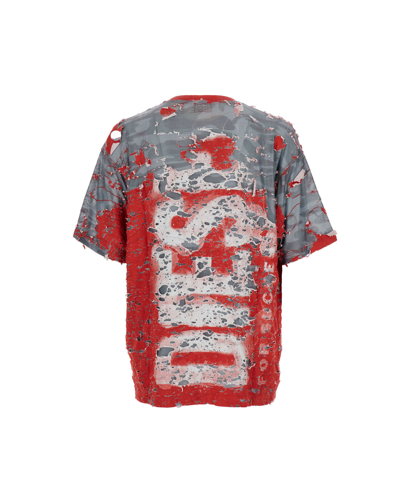 Diesel 't-boxt-peel' Red And Grey T-shirt With Destroyed Effect And Camouflage Print In Cotton Blend Man - Multicolor シャツ