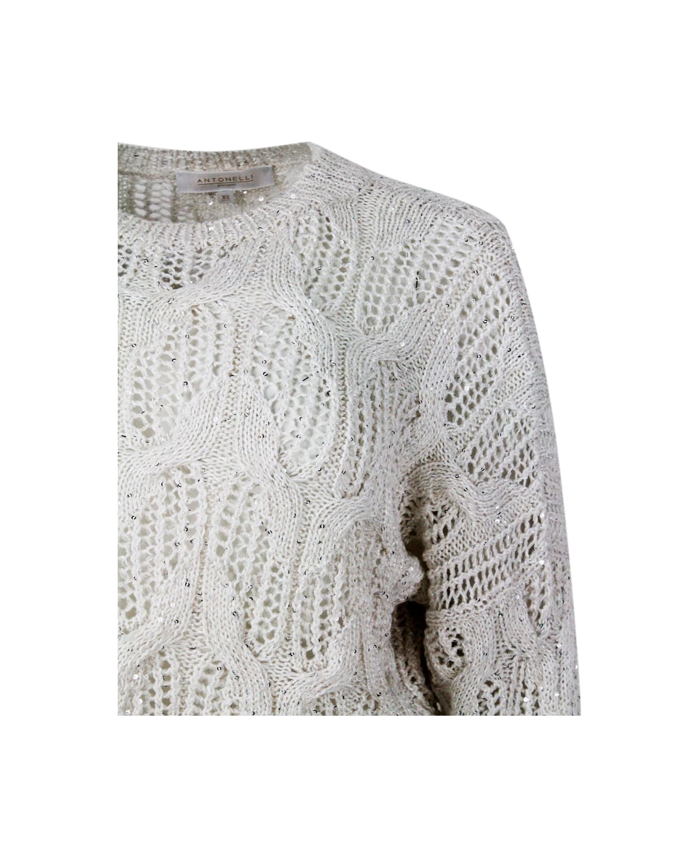 Antonelli Long-sleeved Crew-neck Sweater With Braided Workmanship Embellished With Cotton And Linen Microsequins - Beige