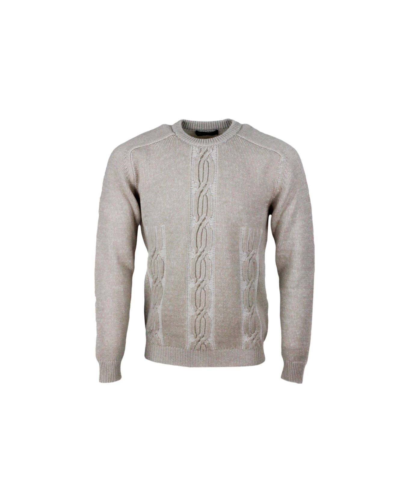 Kiton Long-sleeved Crew-neck Sweater In 100% Pure Cashmere With Braid And Vanisè Coloring - Ivory