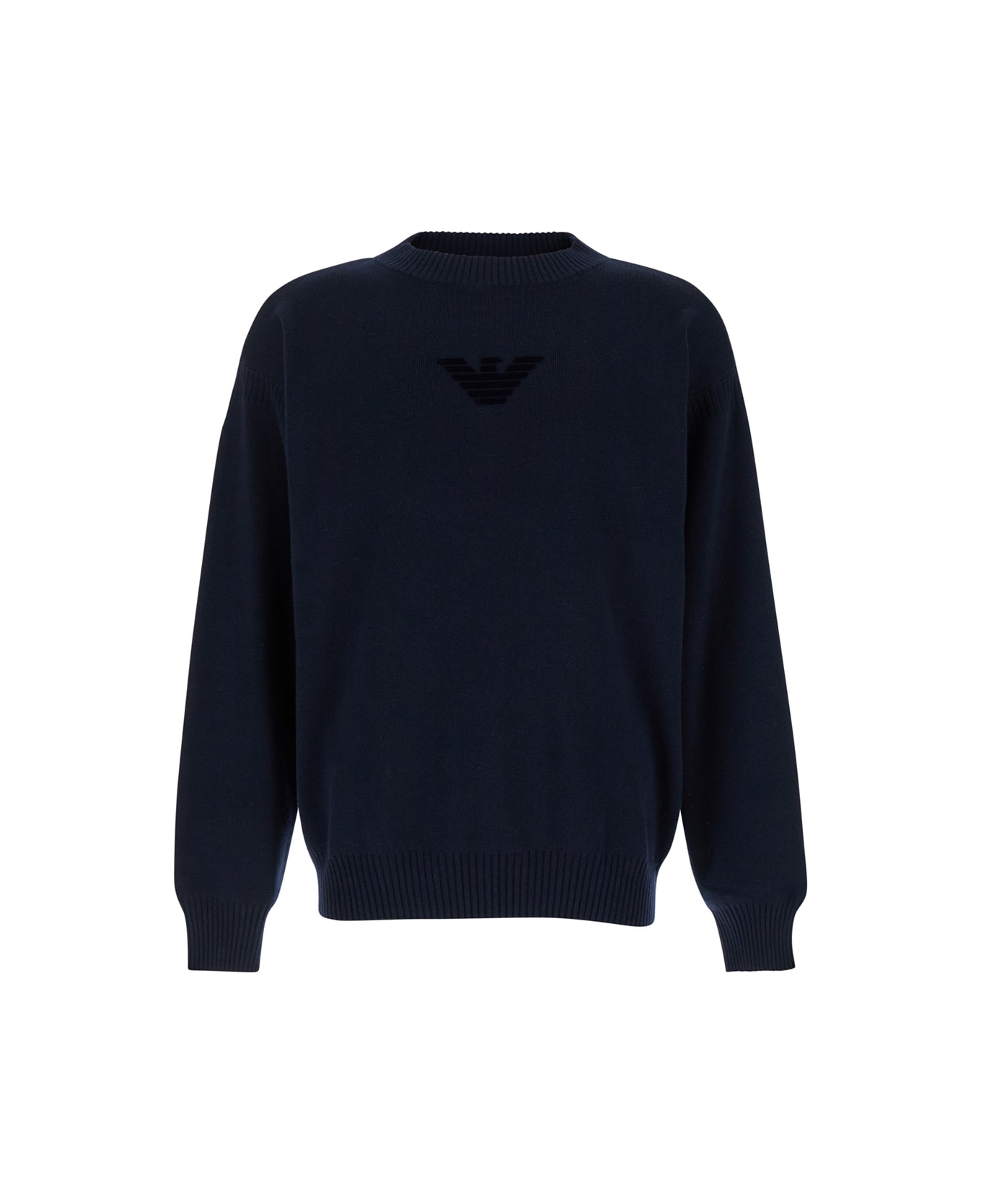 Emporio Armani Dark Blue Sweater With Logo Embroidery In Wool And Cotton Man - Blu