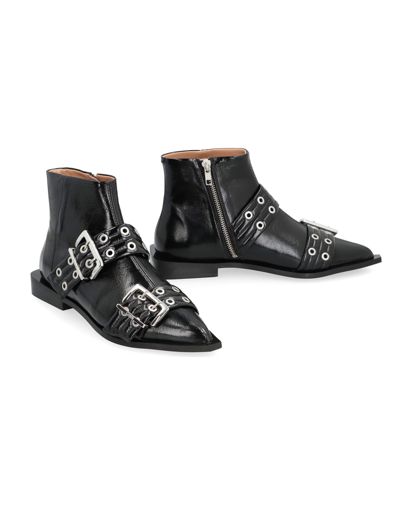 Ganni Faux Leather Ankle Boots - black