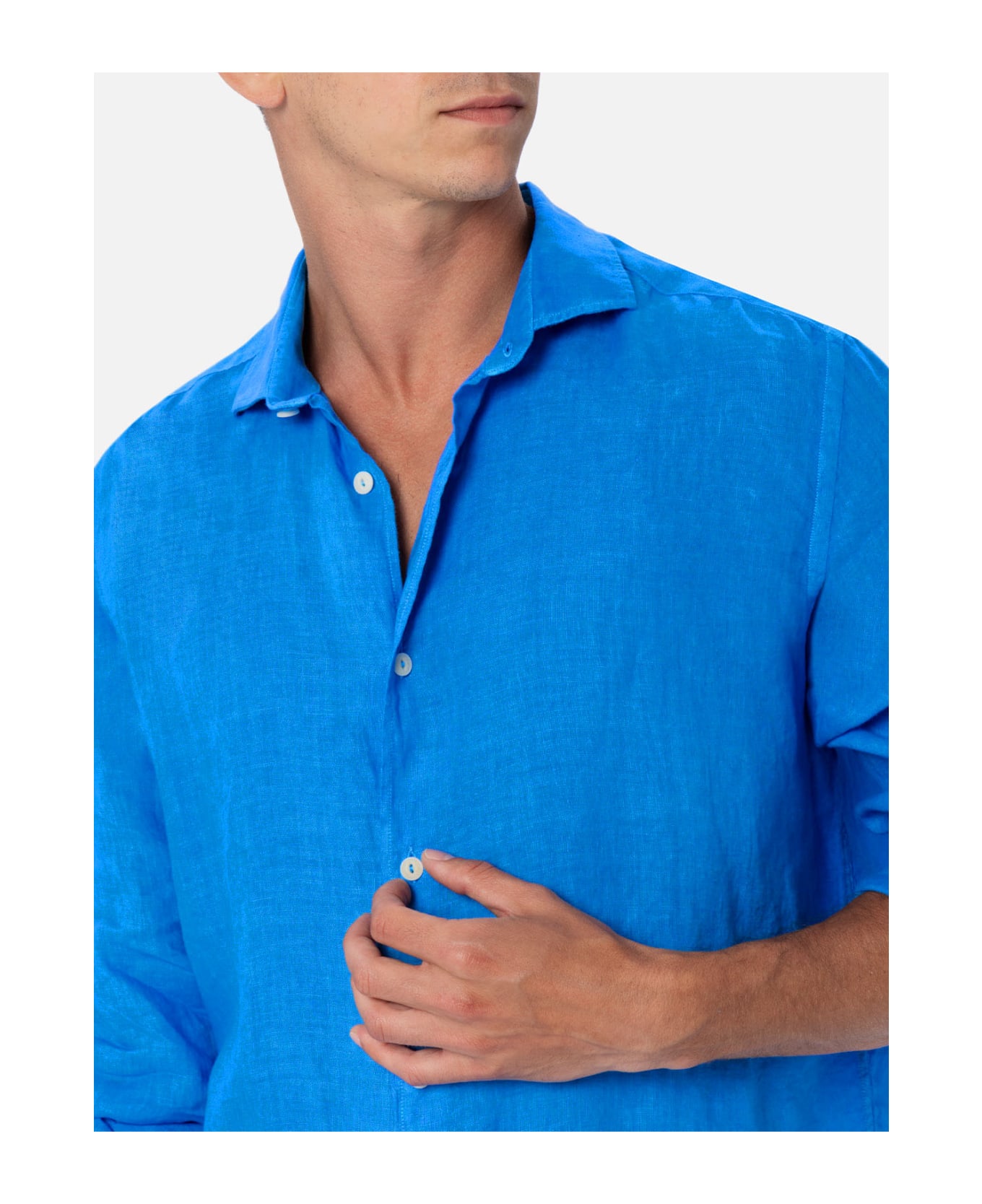 MC2 Saint Barth Man Watercolor Bluette Linen Shirt Pamplona - SKY
