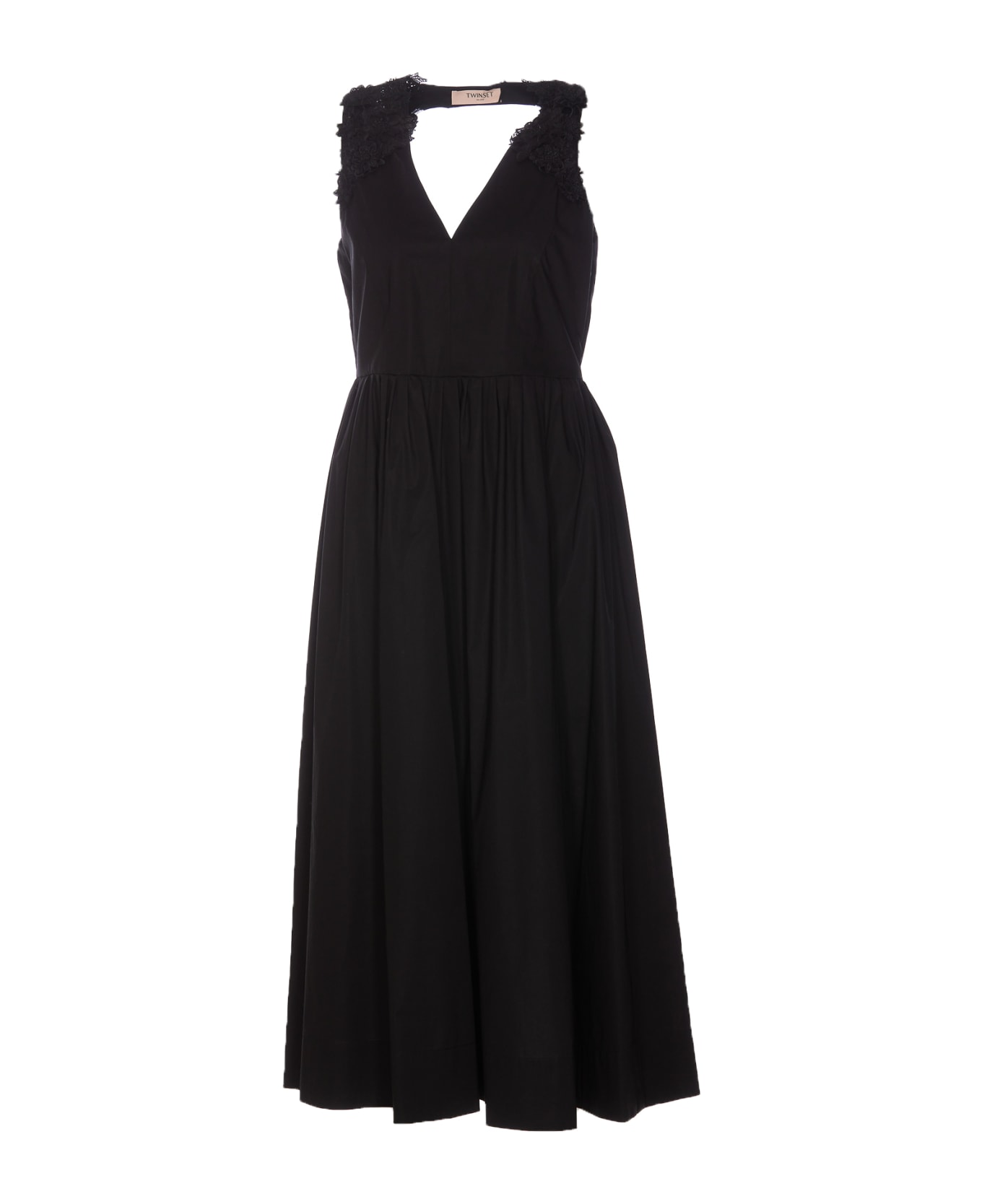 TwinSet Longuette Popeline Dress With Floreal Patch - Black