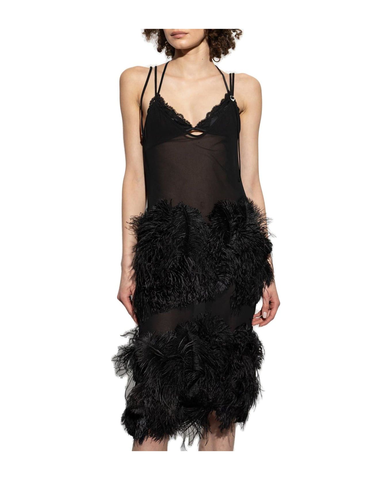 Feather Embellished Spaghetti Strap Midi Dress - Thumbnail 3