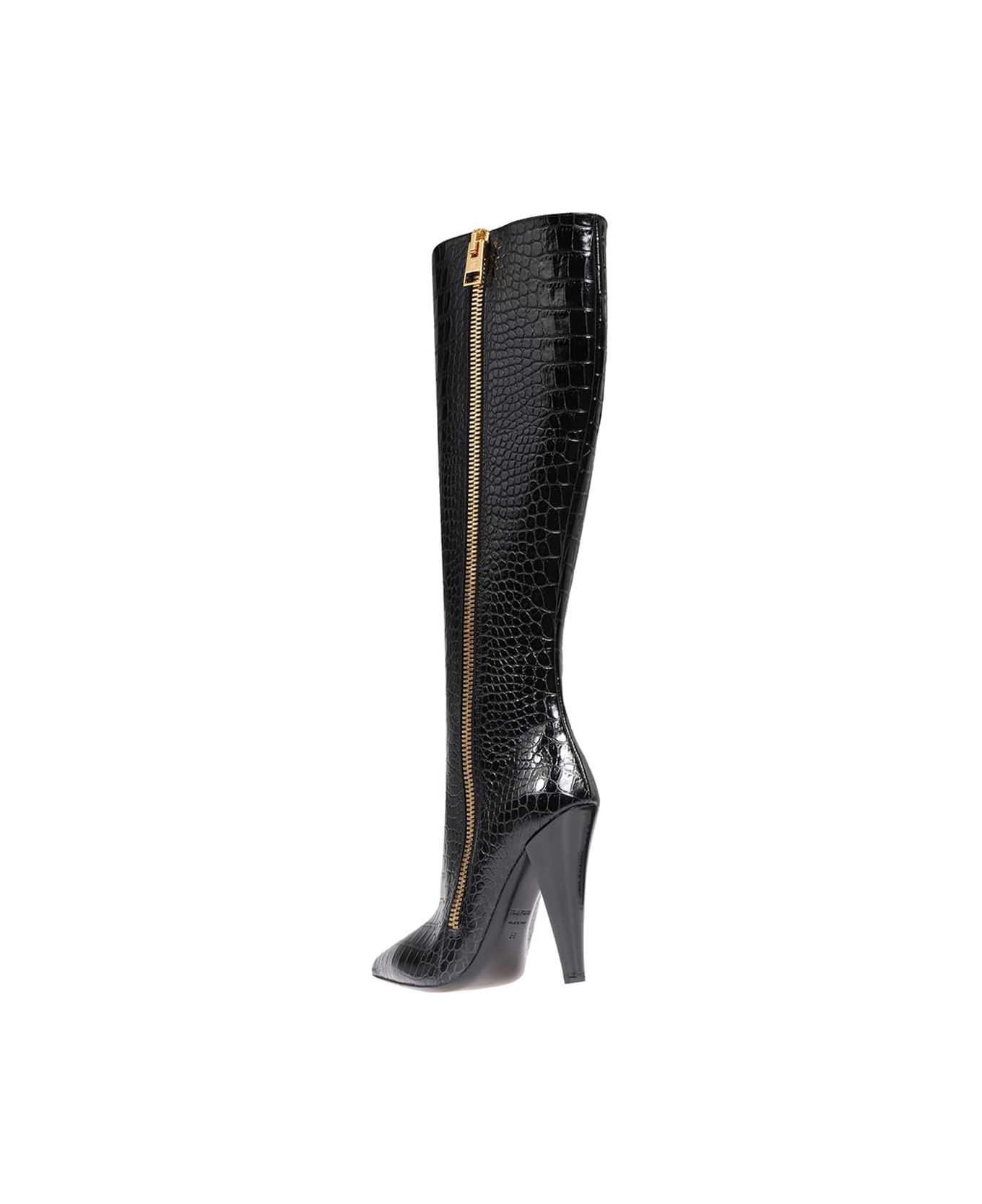 Tom Ford Croco-print Leather Boots - black