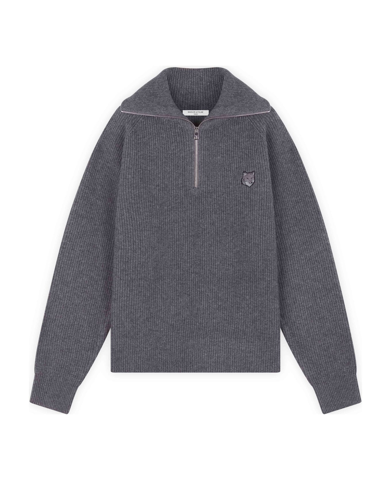 Maison Kitsuné Bold Fox Head Patch Half Zip Ribbed Jumper - Medium Grey Melange