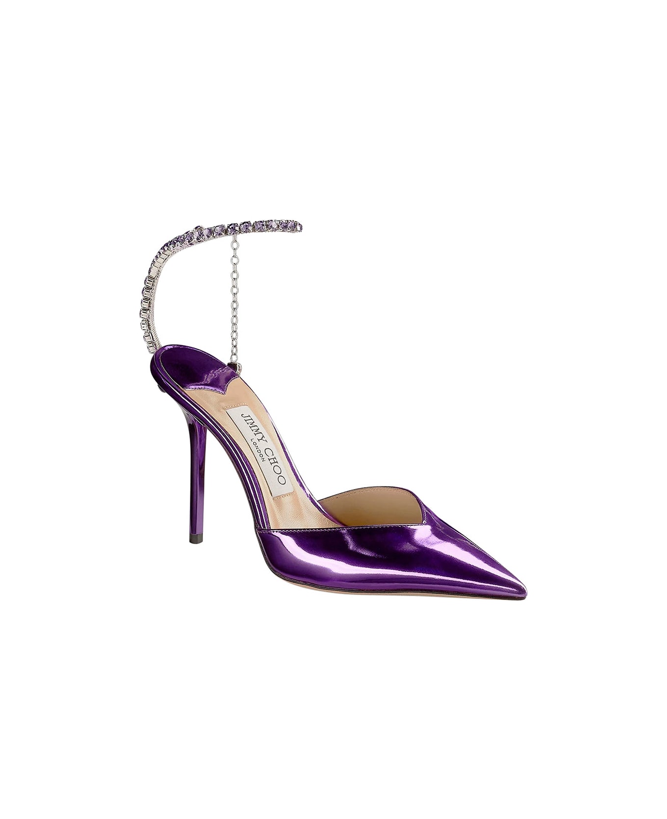 Jimmy Choo 'saeda' Purple Pointed And Closed Toe Sandals With Rhinestone Chain In Metallic Leather Woman - Violet