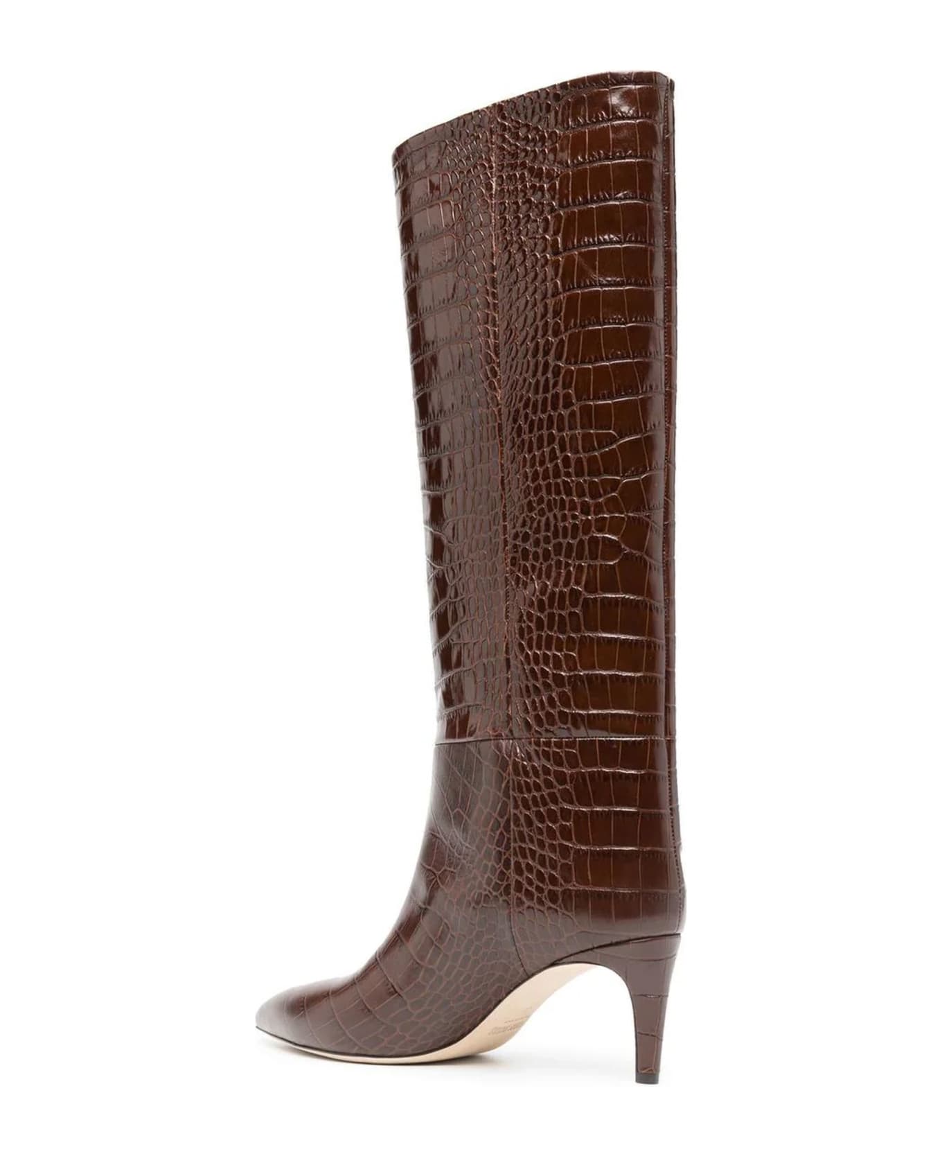 Paris Texas Brown Leather Croc-effect Stiletto Boots - Brown