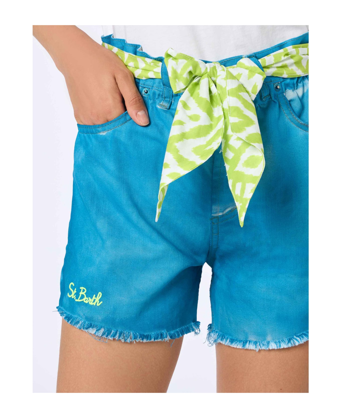 MC2 Saint Barth Woman Upcycled Turquoise Denim Shorts Arizona With Embroidery - BLUE