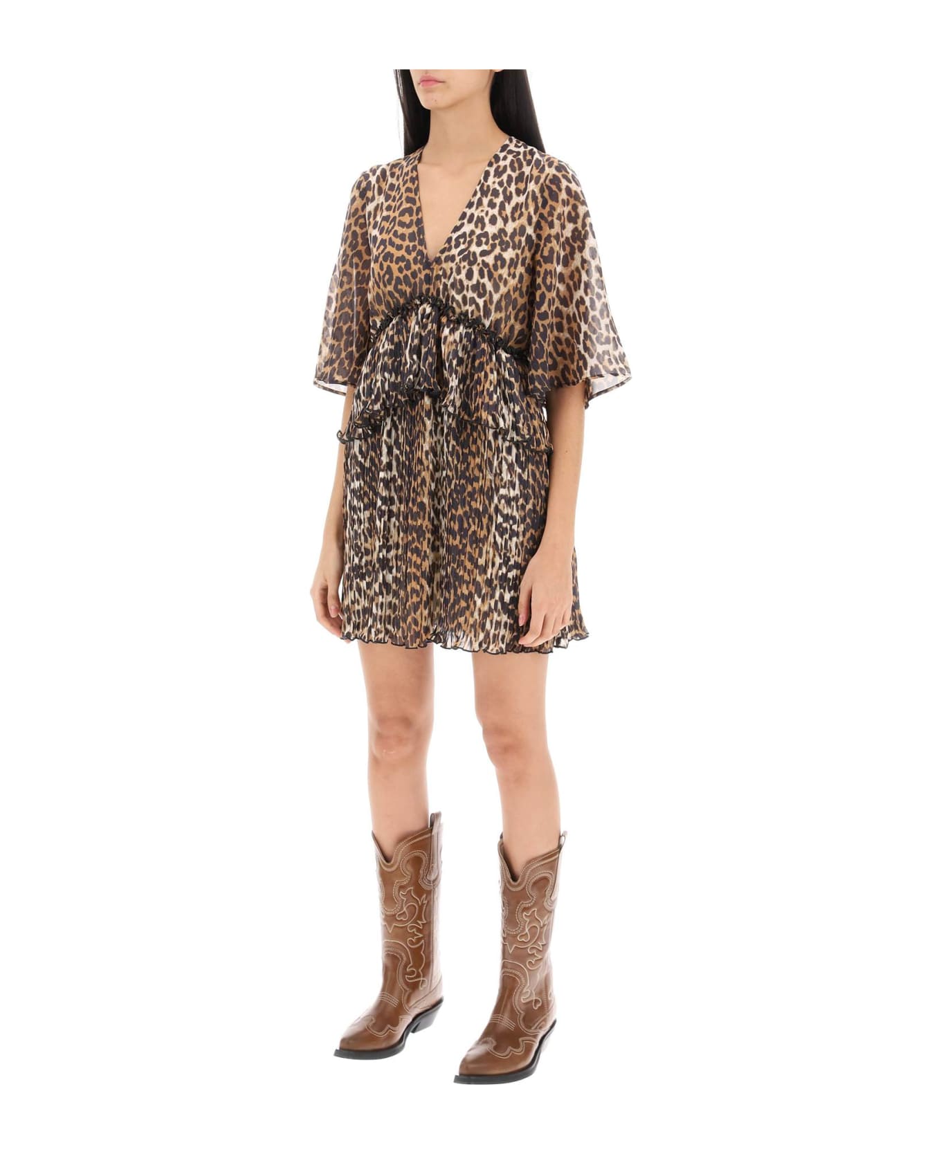 Ganni Pleated Mini Dress With Leopard Motif - ALMOND MILK (Beige)