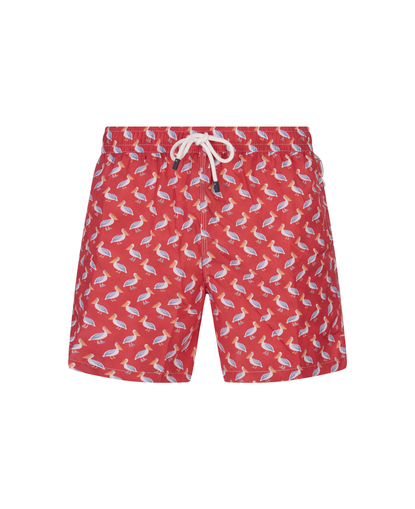 Fedeli Red Swim Shorts With Pelican Pattern - Red