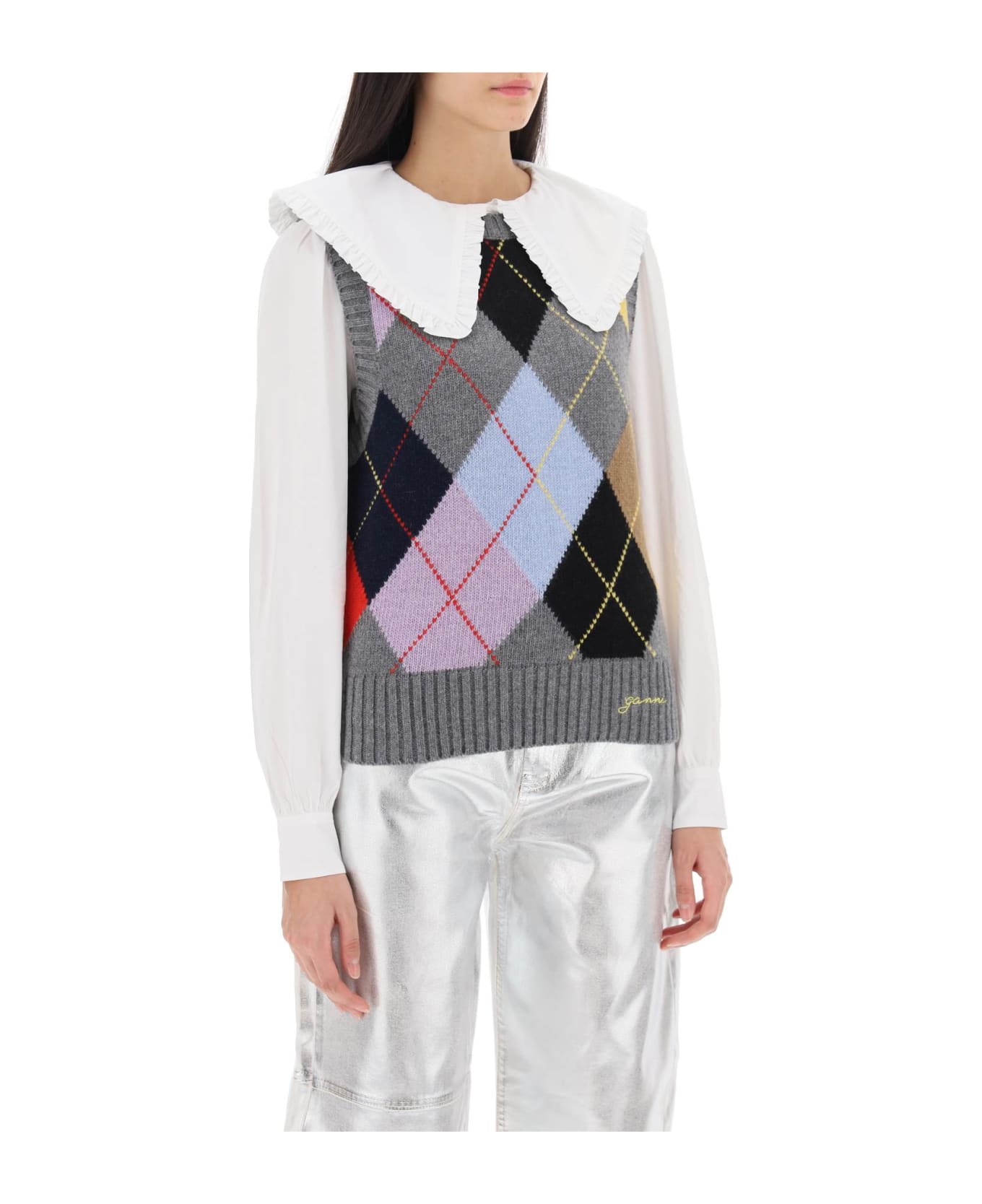 Ganni Harlequin Wool Mix Knit Vest - Frost Gray ニットウェア