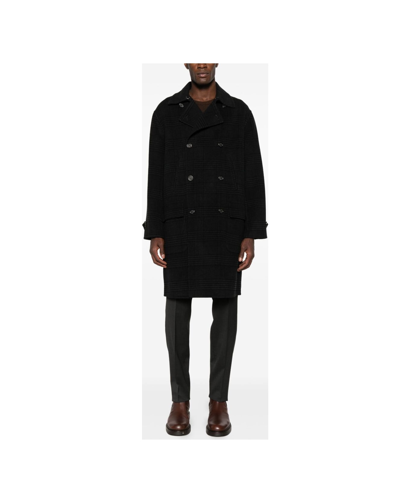 Paolo Pecora Checked Double-breasted Coat - Black