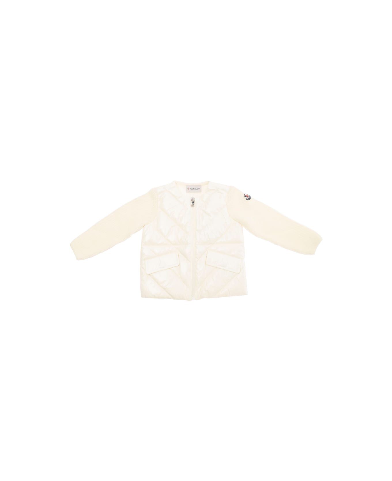 Moncler Cream White Padded Cardigan With Logo Patch In Wool Baby - White