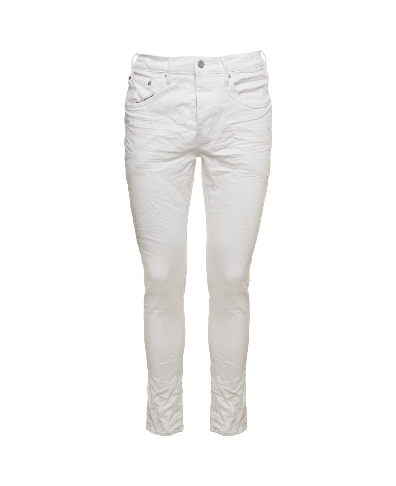 Purple Brand White Skinny Jeans With Tonal Logo Patch And Crinkled Effect In Stretch Cotton Denim Man - WHITE