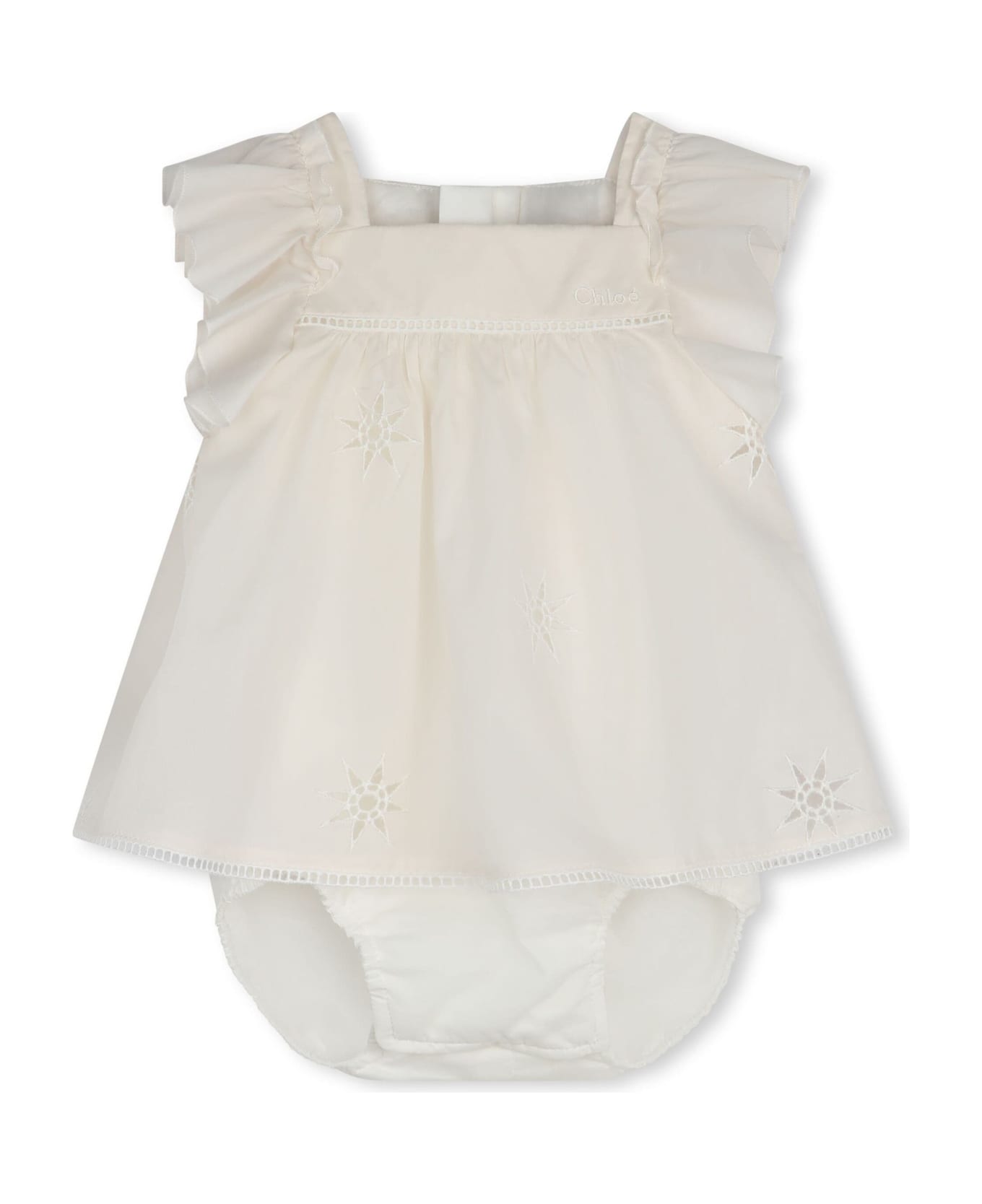 Chloé White Dress With Embroidered Stars And Ladder Stitch Work - White