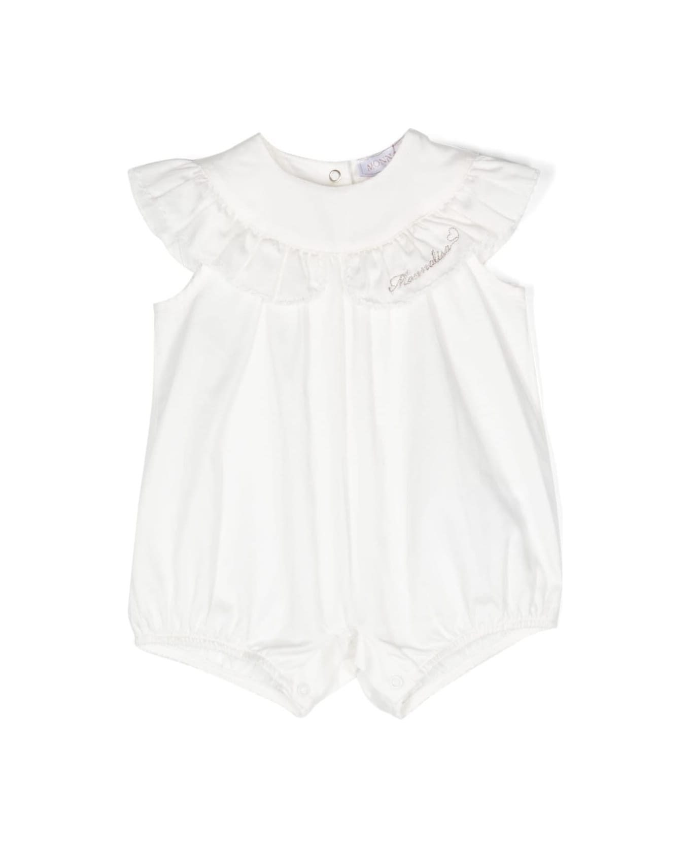Monnalisa White Romper With Logo Lettering Detail And Ruches In Cotton Girl - White ボディスーツ＆セットアップ