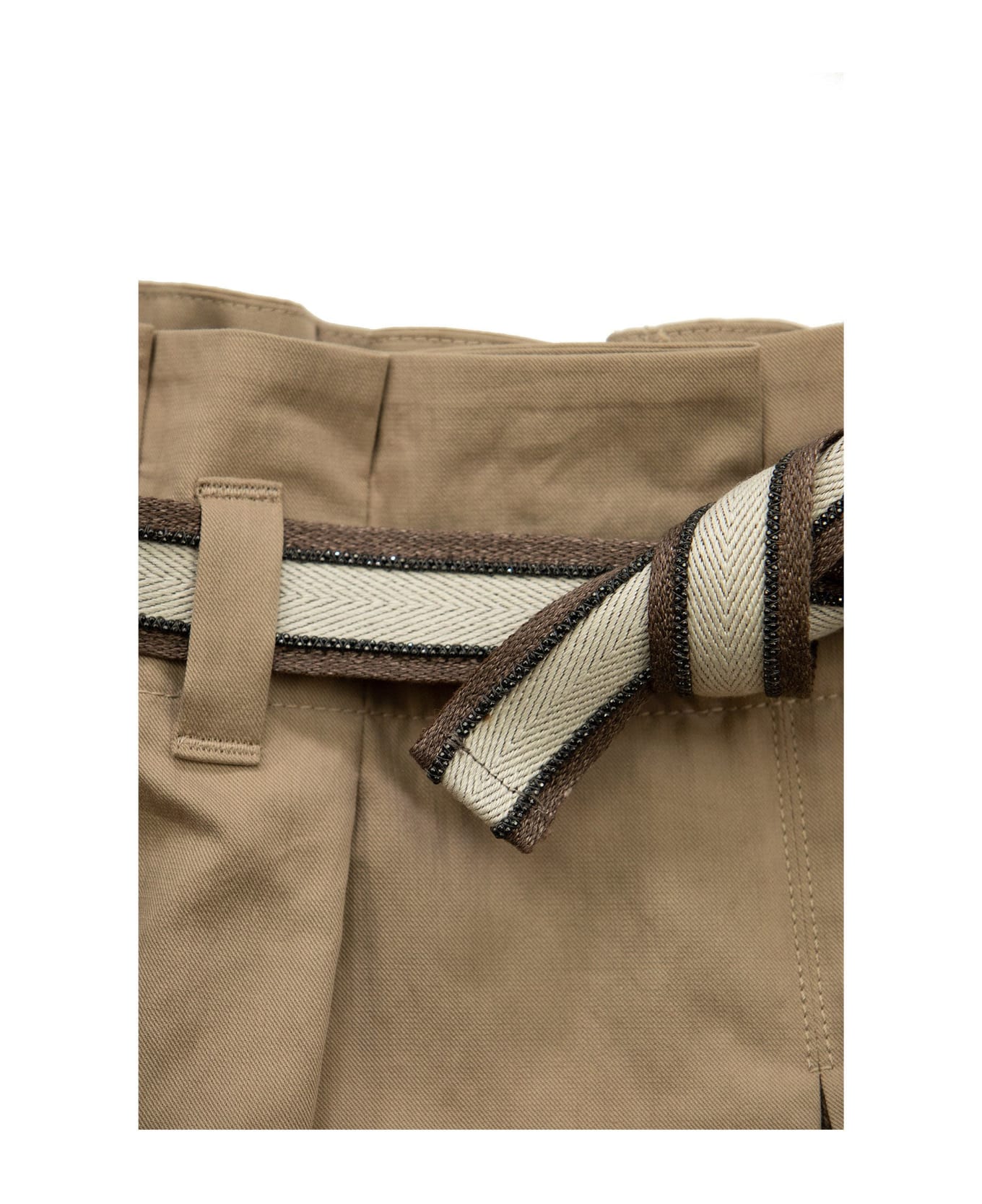 Brunello Cucinelli Crispy Cotton Gabardine Mini Skirt-pants With Belt And Monili - Desert