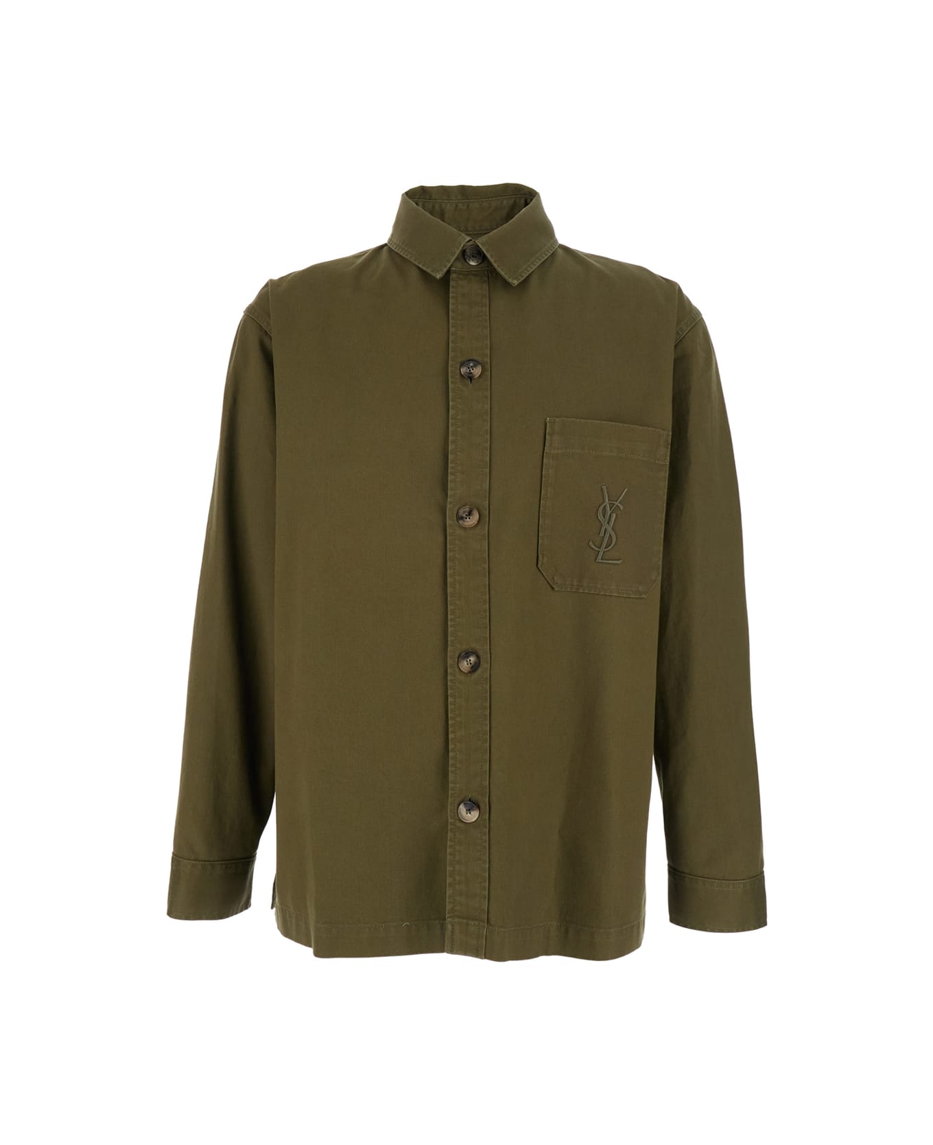 Saint Laurent Green Shirt With Classic Collar And Cassandre Embroidery On The Front In Cotton Man - Kaki