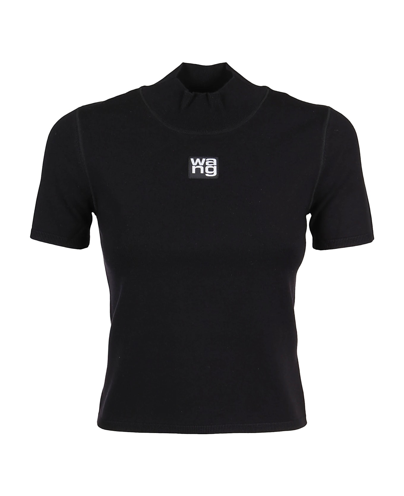T by Alexander Wang Logo Patch Foundation Bodycon Short Sleeve Mock Neck Top - Black