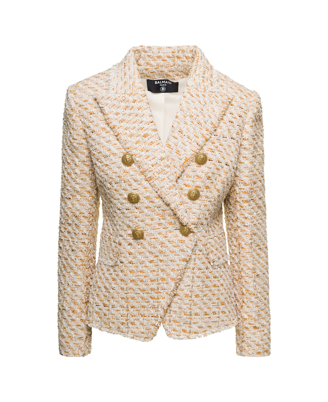 Balmain Beige Double-breasted Jacket With Gold-colored Branded Buttons In Tweed Woman - Beige