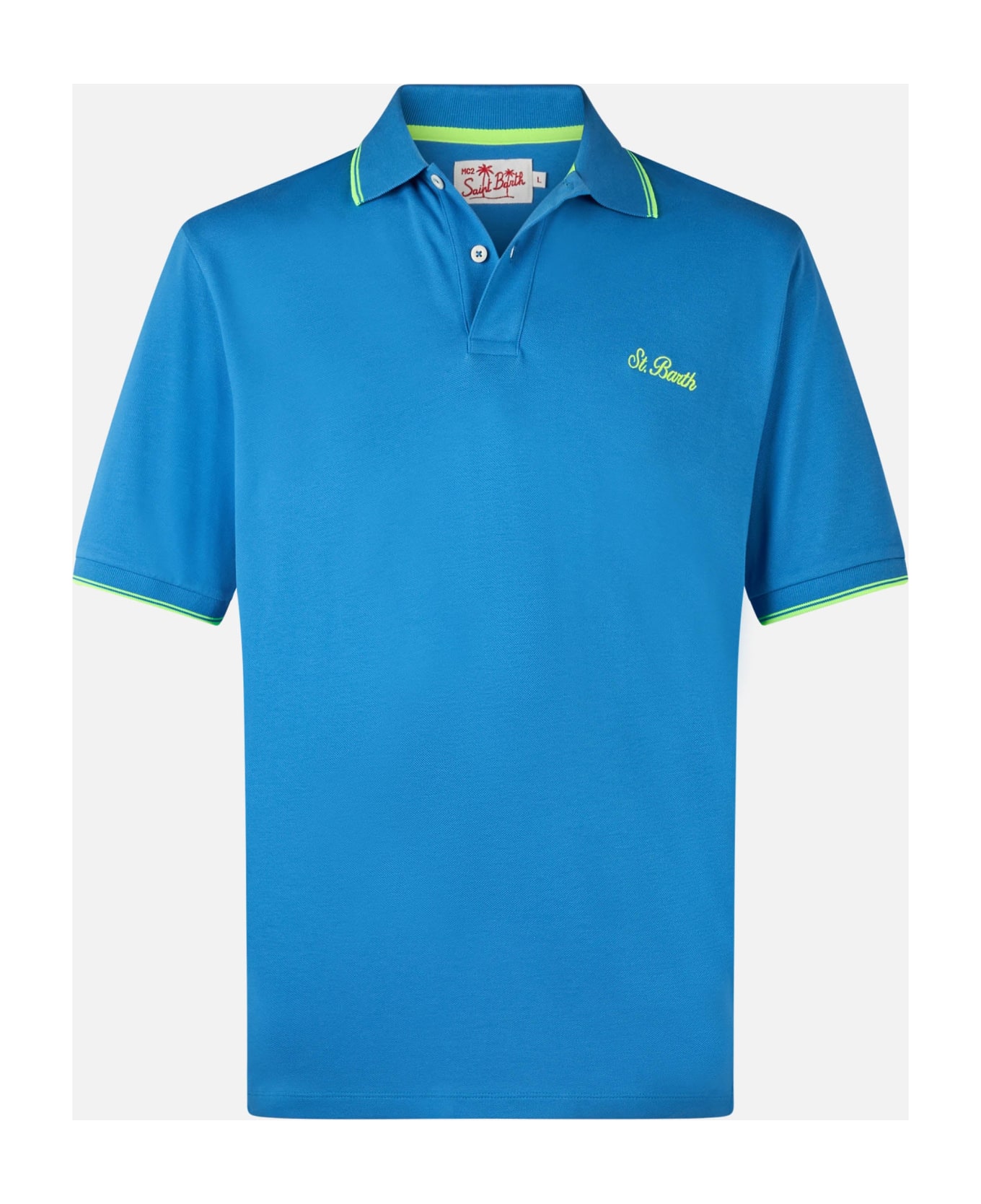 MC2 Saint Barth Man Bluette Cotton Piquet Polo Shirt Beverly Hills With Palm Embroidery - BLUE