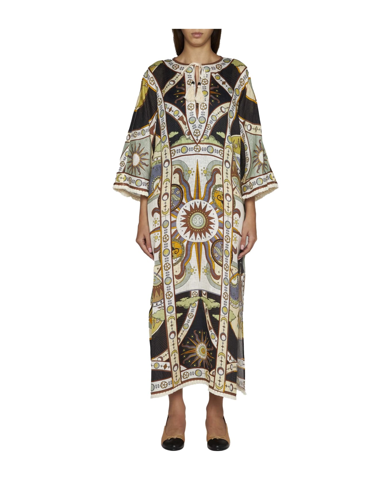 Tory Burch Kaftan With All-over Graphic Print In Linen - Navy sundial ワンピース＆ドレス