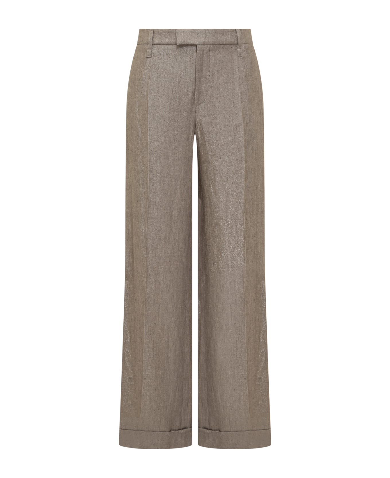 Brunello Cucinelli Loose Flared Trousers In Sparkling Twill Linen With Monile - Beige