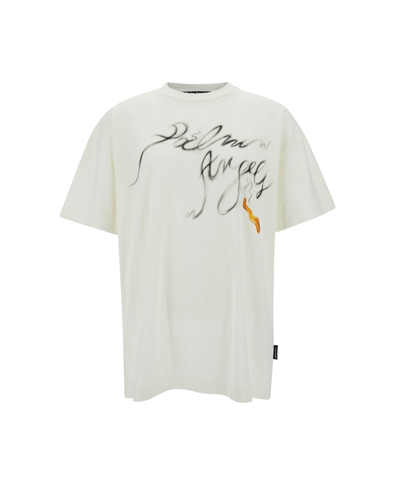 Palm Angels White Crewneck T-shirt With Foggy Logo Print In Cotton Man - White