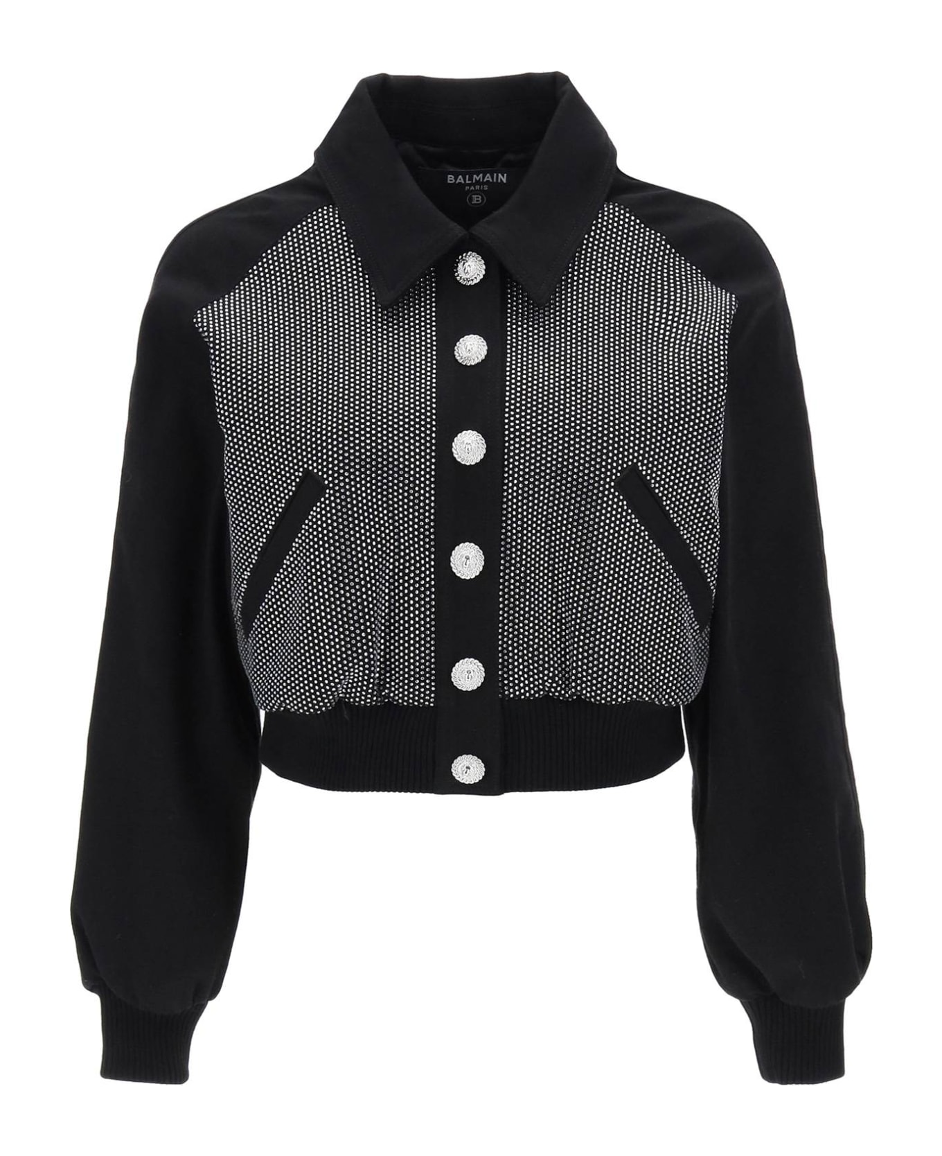 Balmain Denim Blouson Jacket With Rhinestones - NOIR CRISTAL (Black)