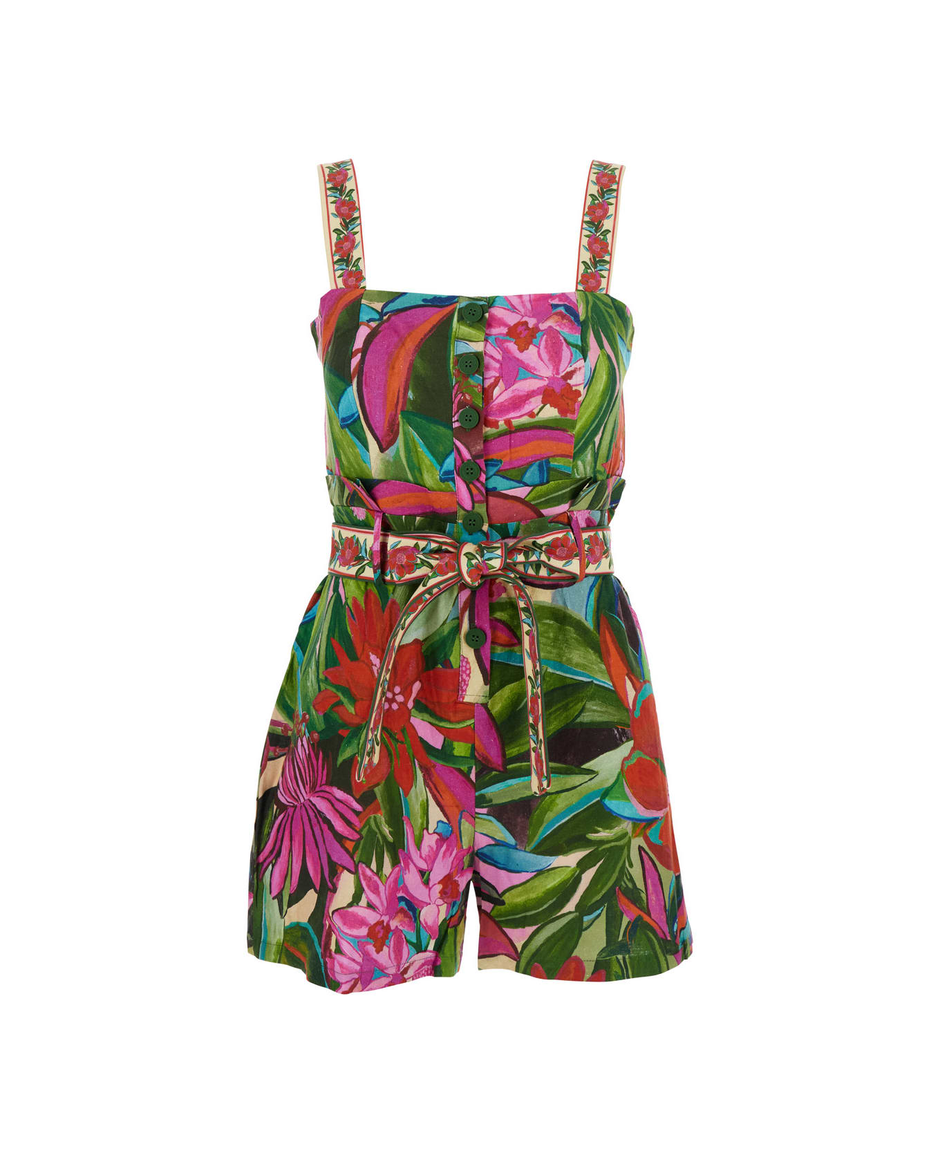 Farm Rio 
jardin De Reve
 Multicolor Jumpsuit With Waist Waist Belt And All-over Floral Print In Linen Blend Woman - Multicolor