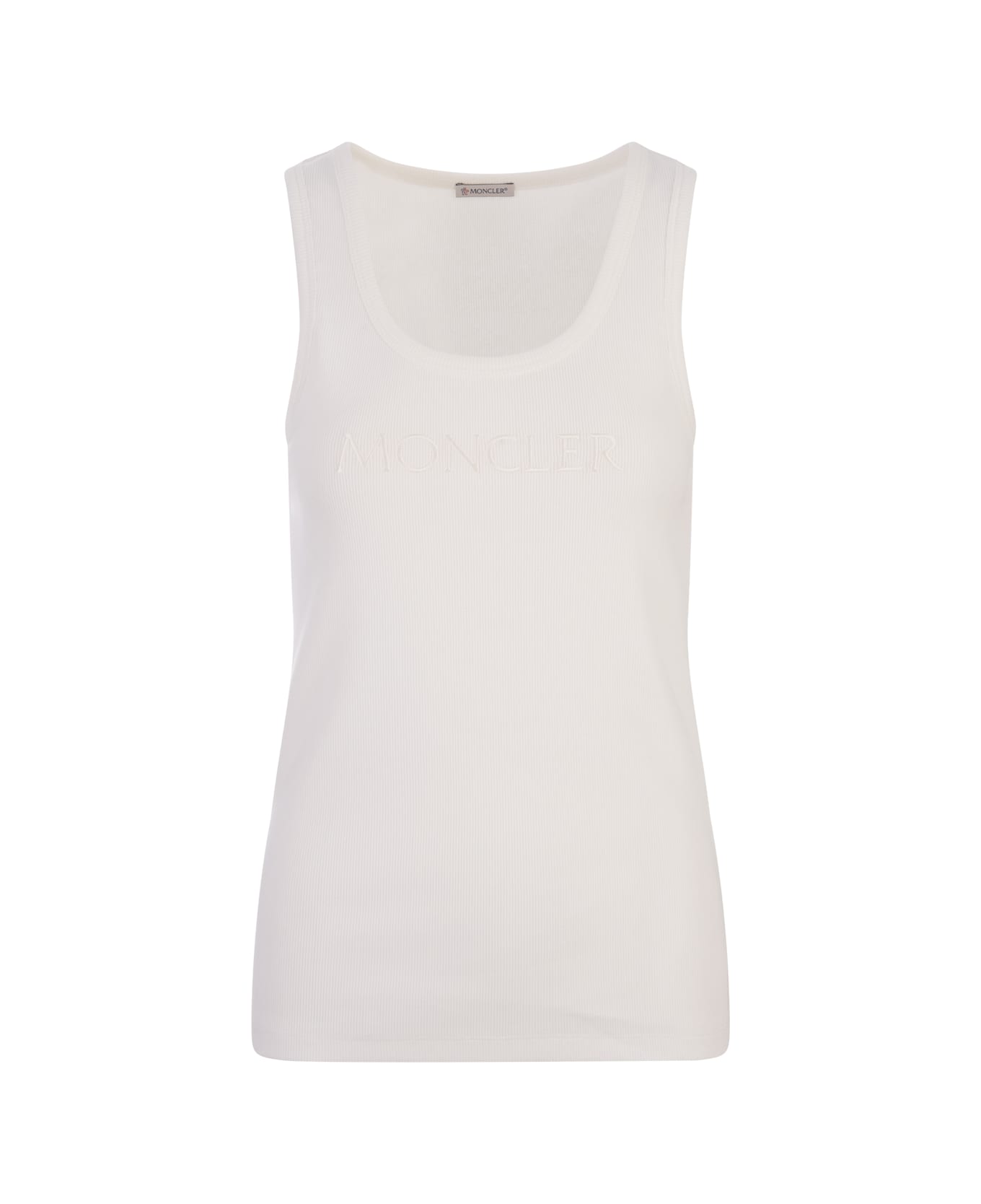 Moncler White Ribbed Top With Logo In Tone - White