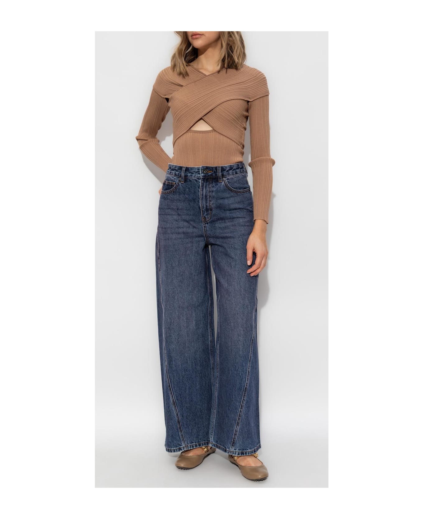 self-portrait Self Portrait Ribbed Top With Long Sleeves - Beige