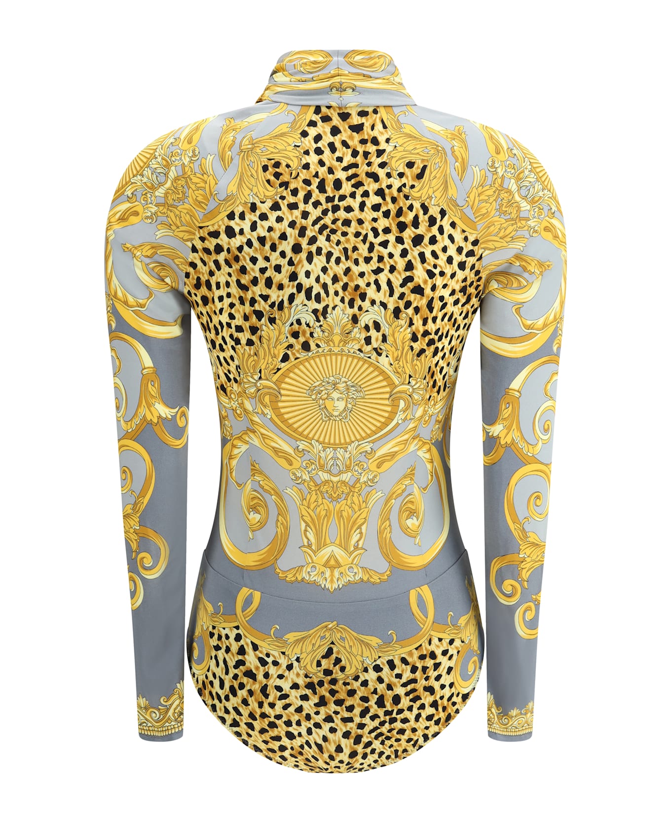 Versace Leopard Draped Bodysuit - Light Grey+Elephant Grey