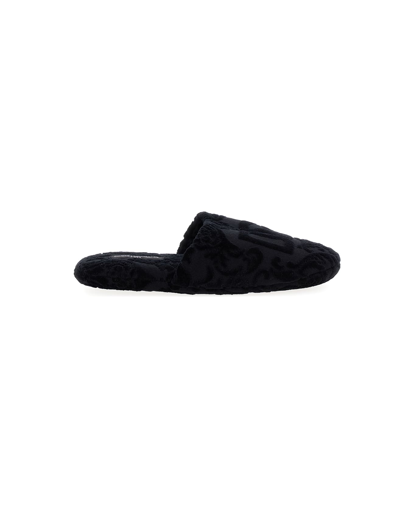 Dolce & Gabbana Black Slippers With Dg Logo Jacquard In Cotton Terry - Black フラットシューズ