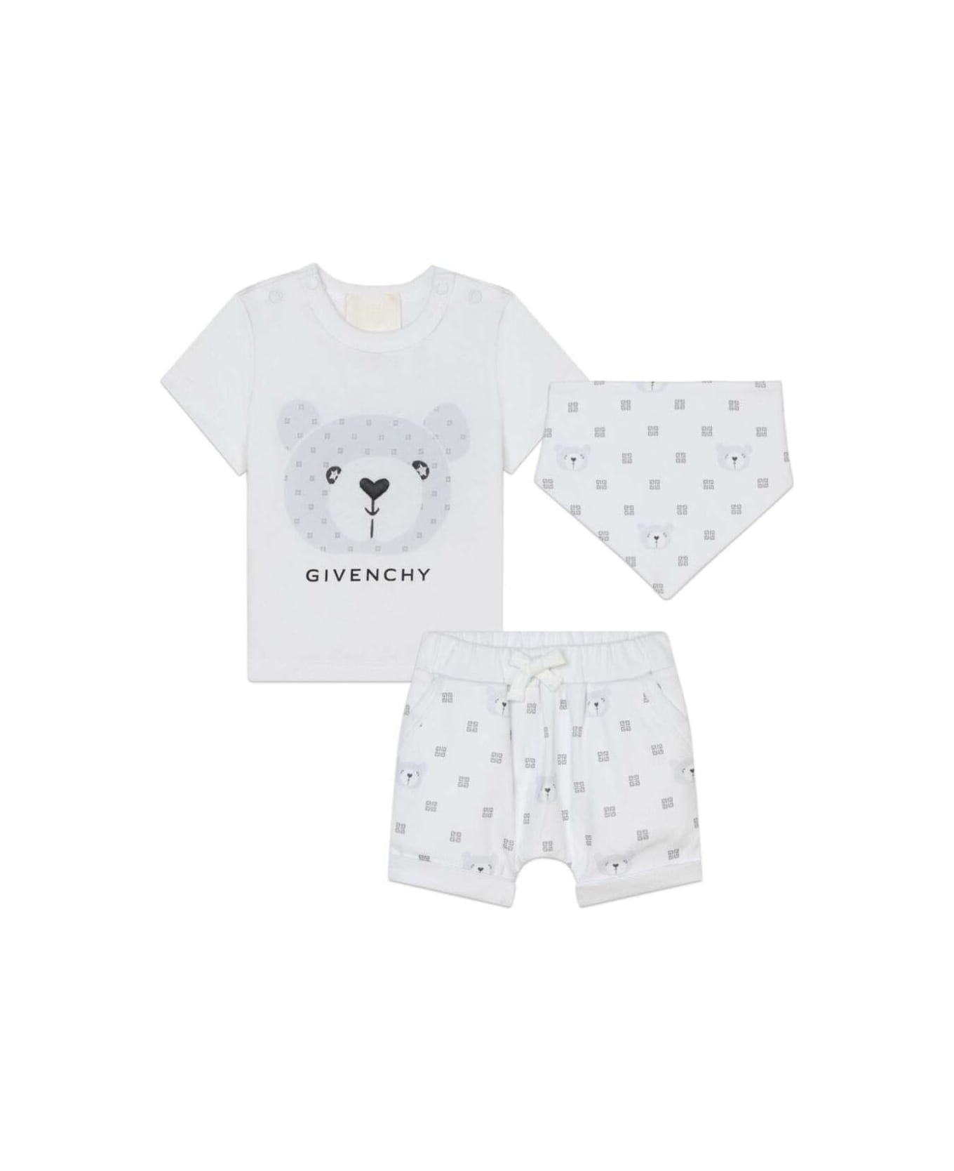 Givenchy White T-shirt, Shorts And Bandana Set With Teddy Bear Print In Cotton Baby - White ボディスーツ＆セットアップ