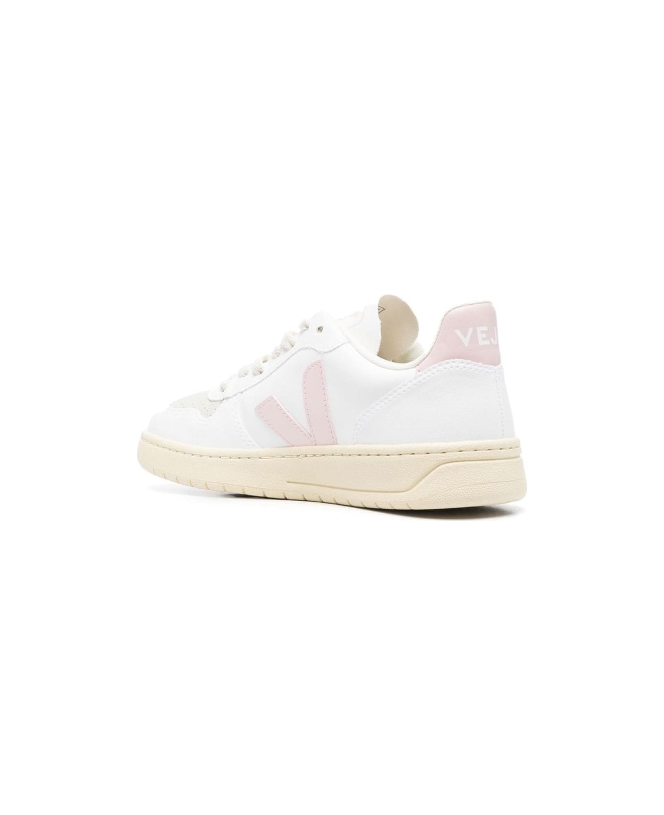 Veja Sneakers V-10 With Logo In White And Pink Leather Woman - White