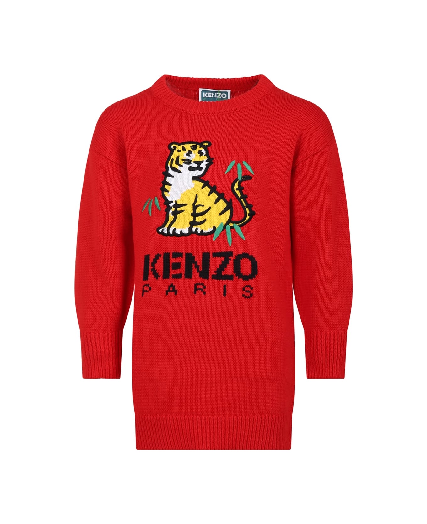 Kenzo Kids Red Dress For Girl With Logo And Tiger - Rosso
