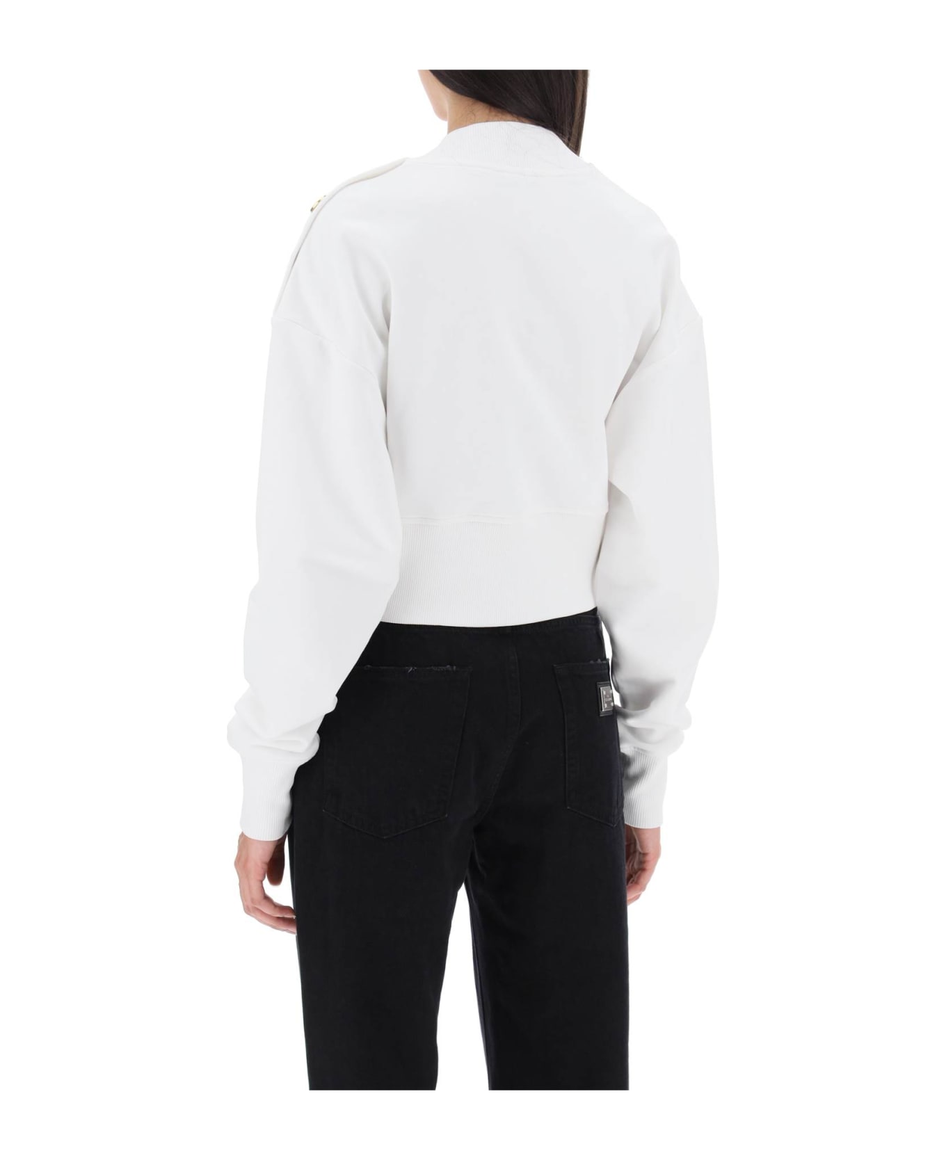 Balmain Cropped Sweatshirt With Logo Print And Buttons - White ニットウェア