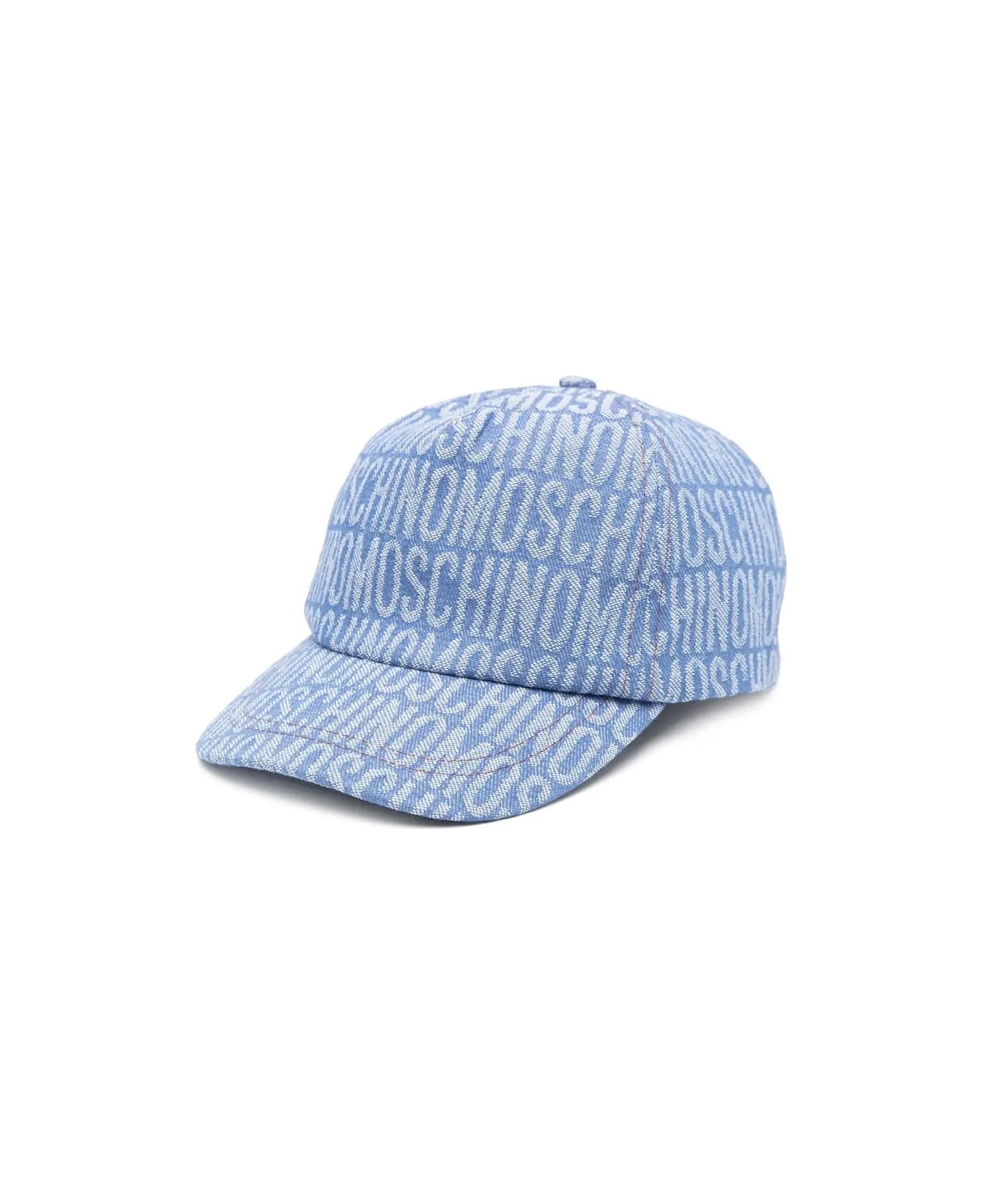 Moschino Blue Denim Baseball Hat With All-over Logo - Blue