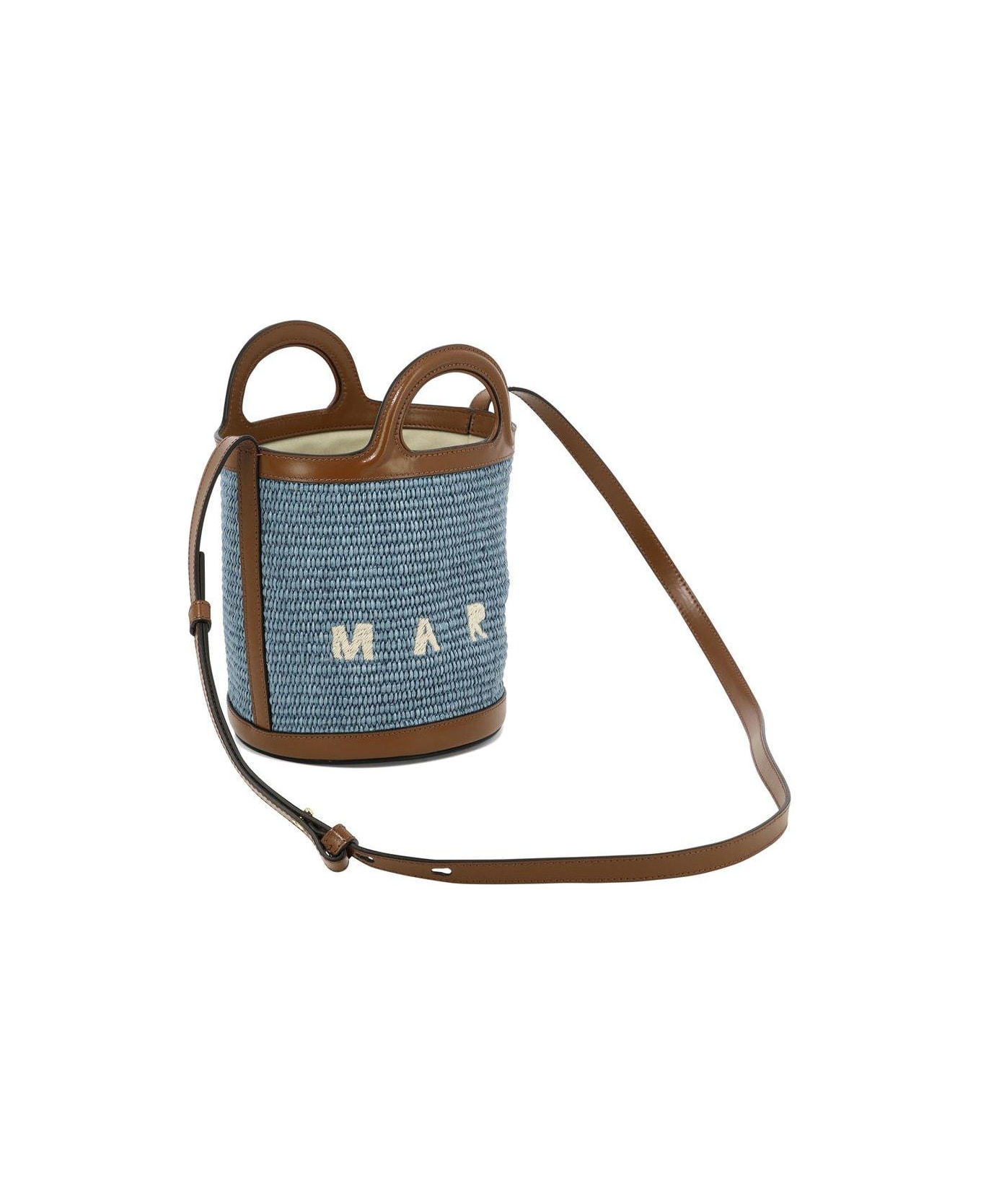 Marni Tropicalia Mini Bag In Brown Leather And Light Blue Raffia - Brown トートバッグ