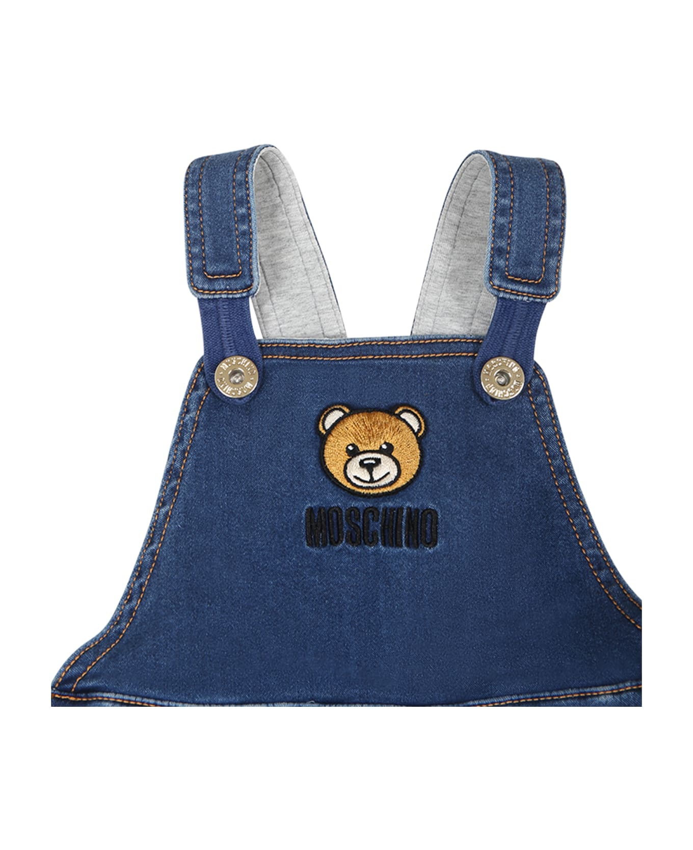 Moschino Blue Dungarees For Babykids With Teddy Bear And Logo - Denim