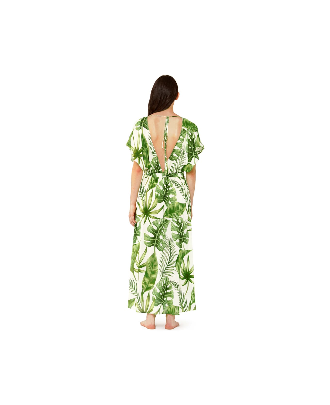 MC2 Saint Barth Tropical Leaves Print Long Dress - WHITE
