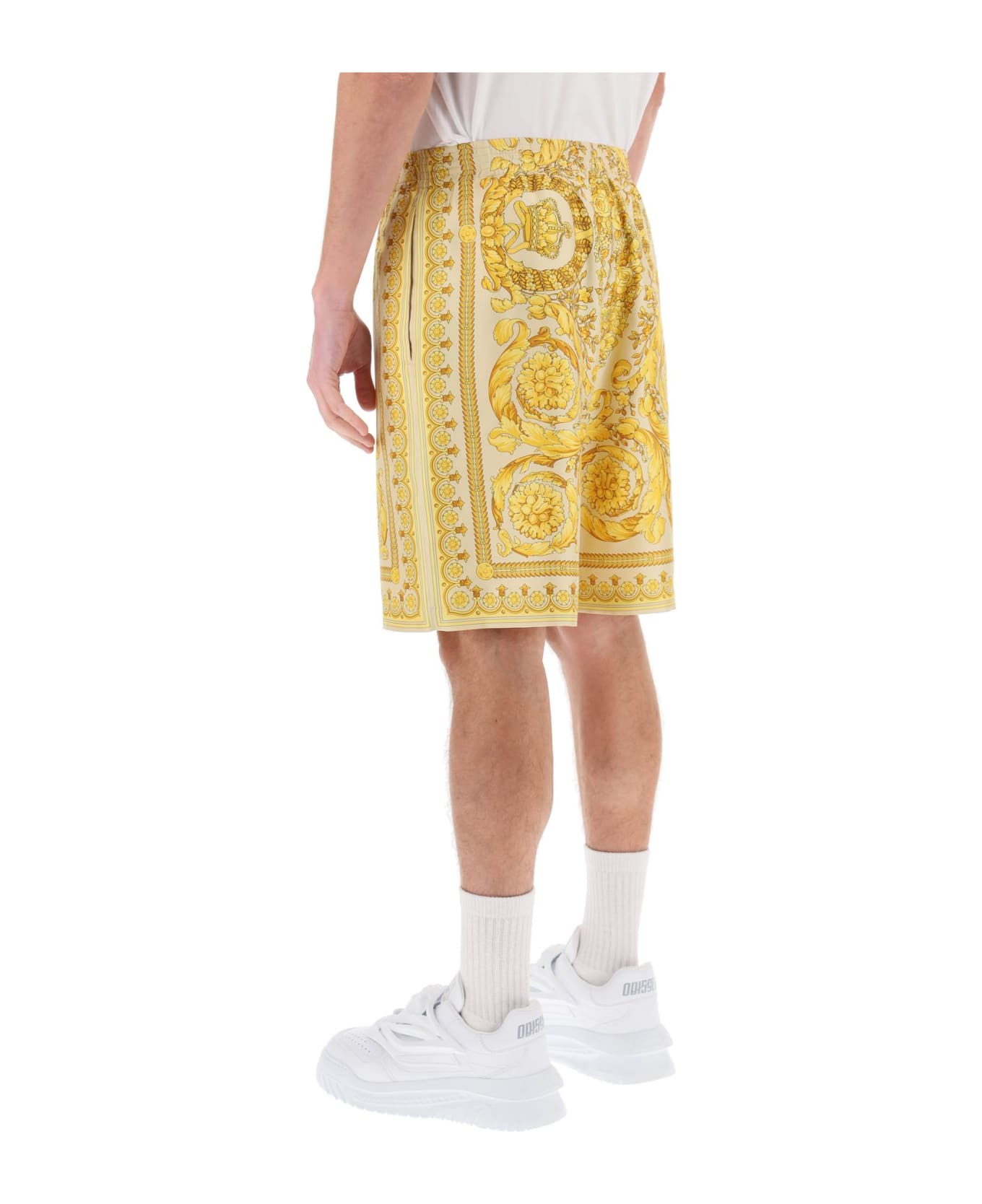 Versace 'barocco' Gold Silk Bermuda Shorts - Beige