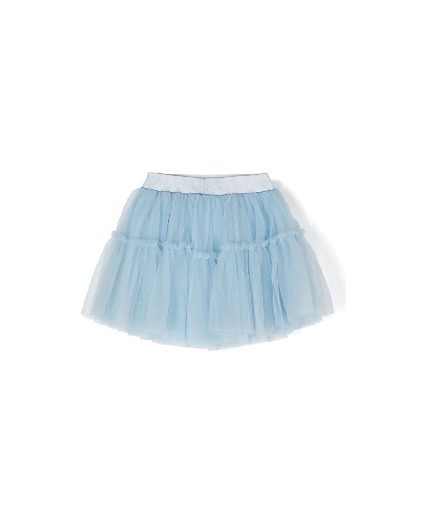 Monnalisa Light Blue Flounced Skirt With Branded Band In Polyamide Girl - Light blue ボトムス