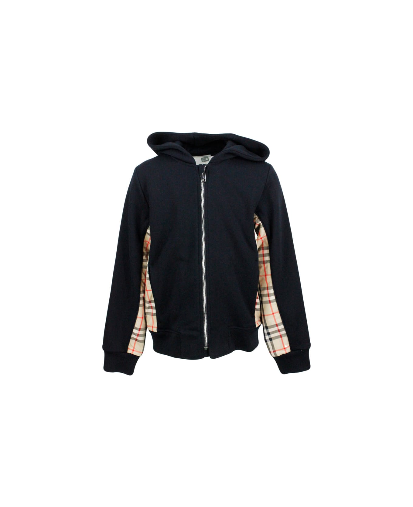 Burberry Cotton Sweatshirt With Hood And Check On The Sides. Zip Closure - Black